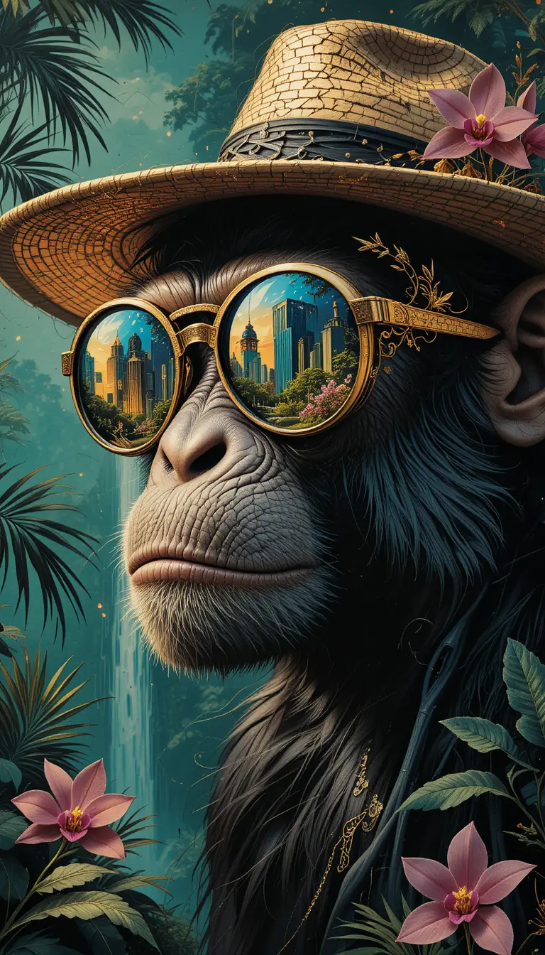 Doppelbelichtung Nahaufnahme eines Affen mit Neon-Sonnenbrille