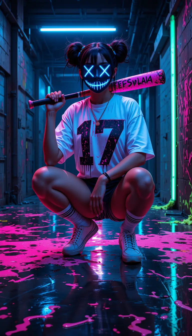 黑暗工業房間裡拿著霓虹球棒的蒙面女子