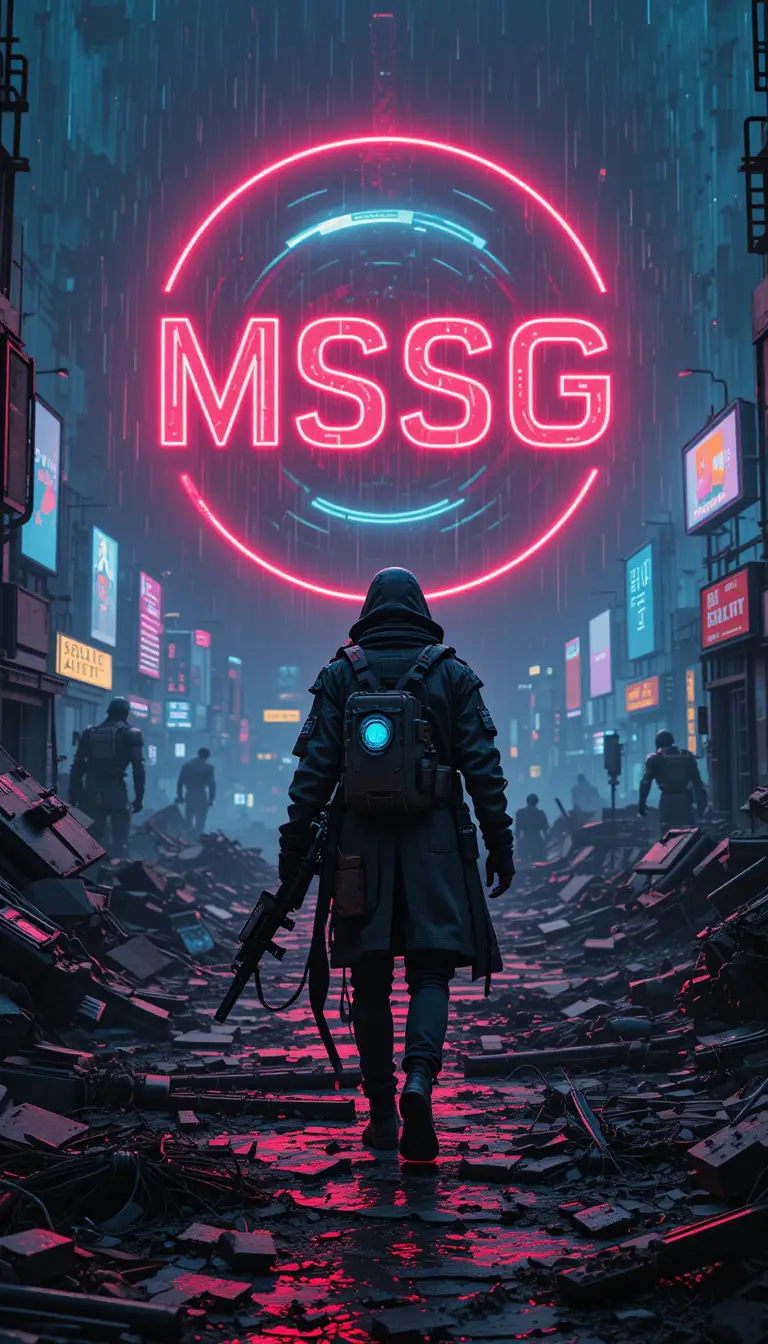Einsamer Überlebender in einer ruinösen Cyberpunk-Ödlandstadt
