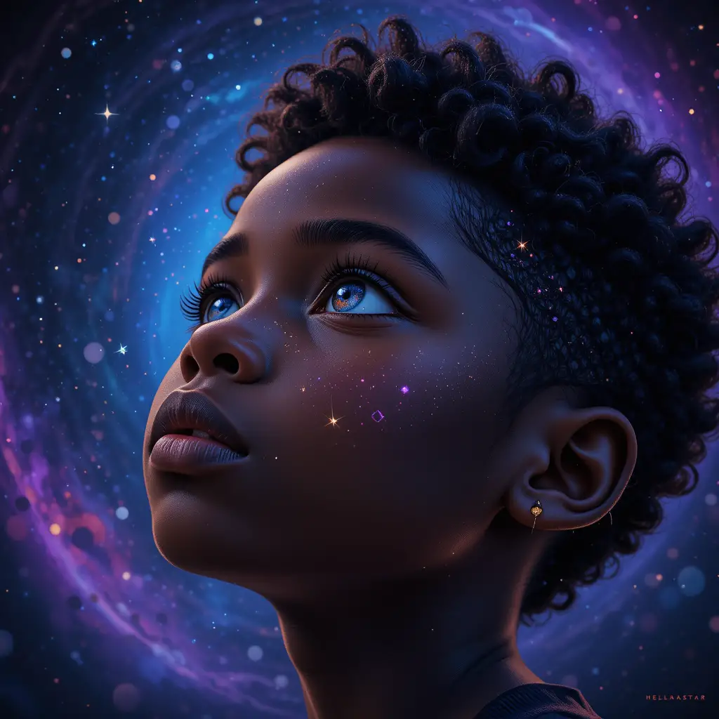 Ragazzo nero che guarda un cielo cosmico da sogno