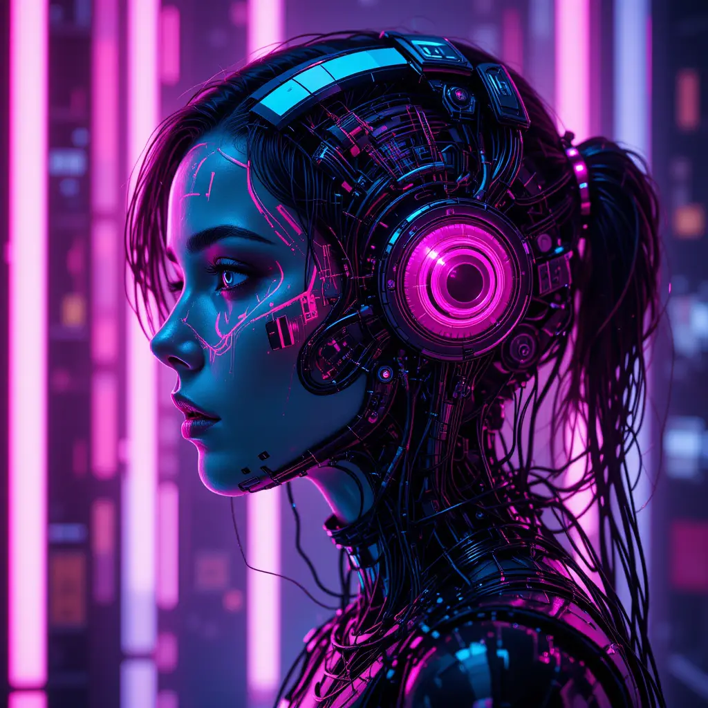 Futuristische Cyberpunk-Cyborg-Frau im Neon-Profilporträt