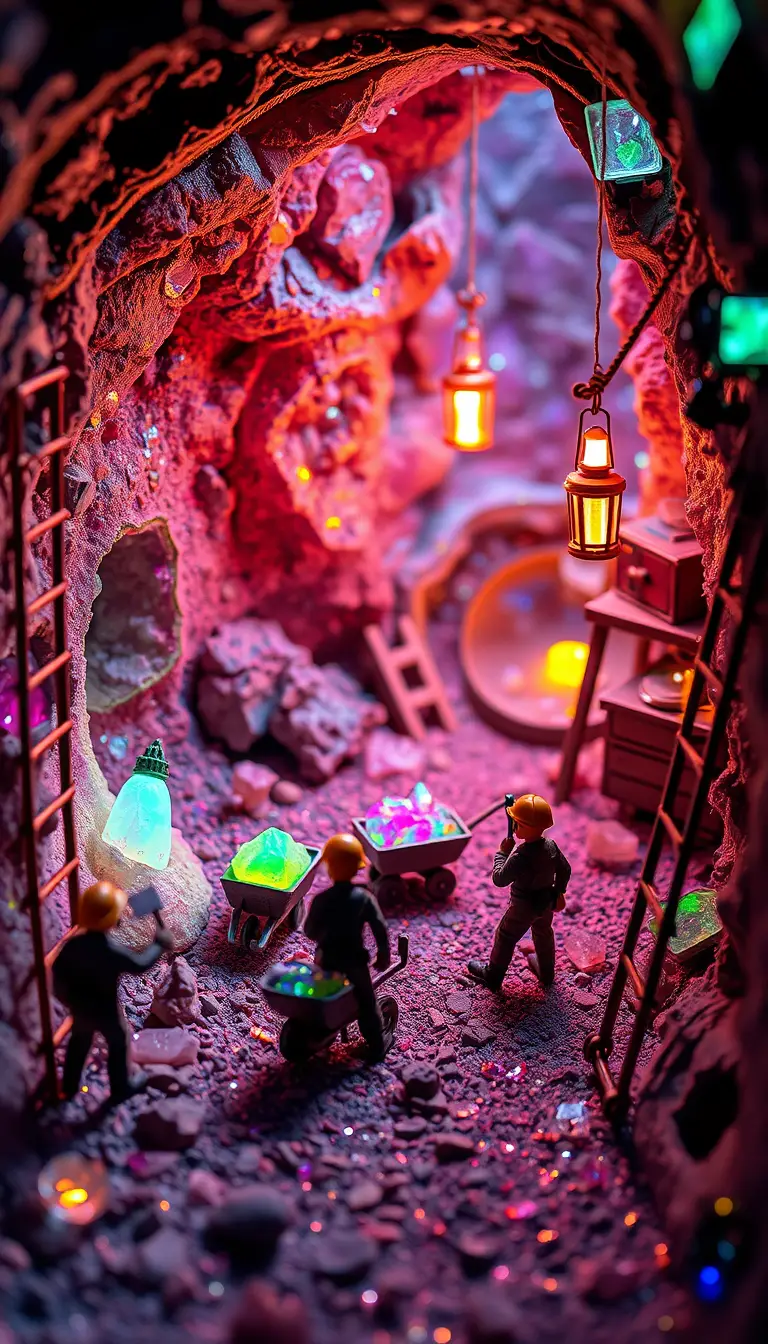 De minuscules mineurs travaillant dans une grotte de cristal étincelante
