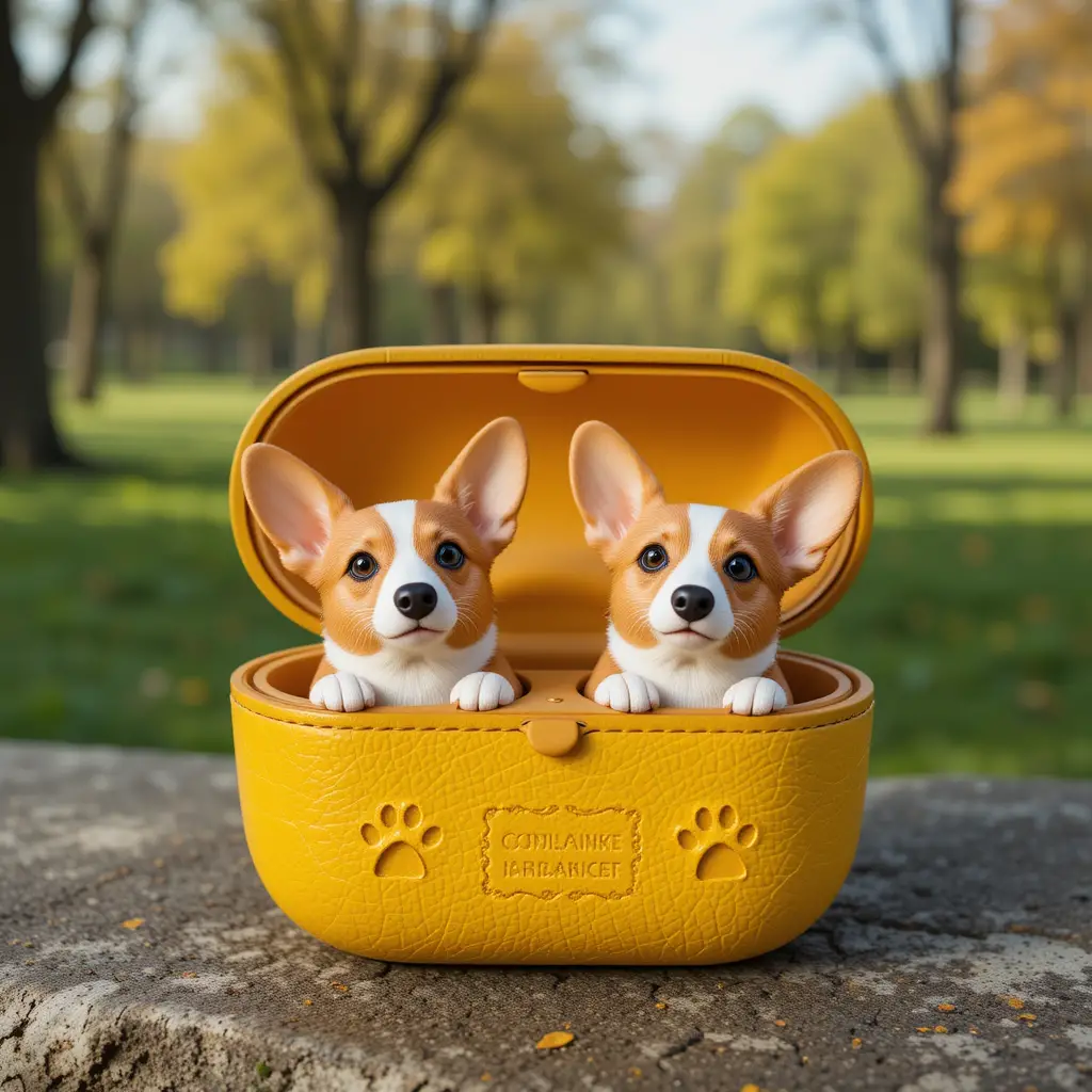 Von Corgis inspirierte Ohrhörer in gelbem Etui im Park