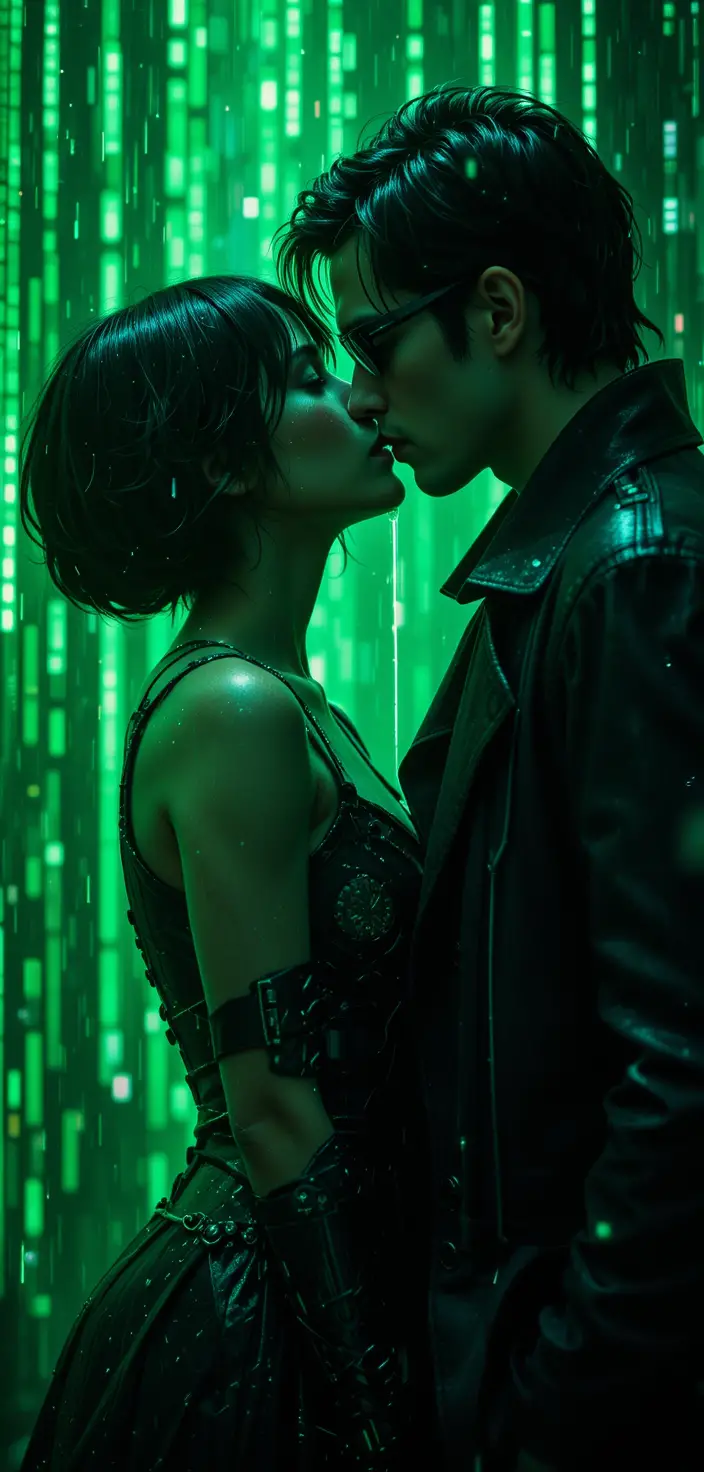 Romantic Kiss Between Futuristic Warriors In Cyberpunk City