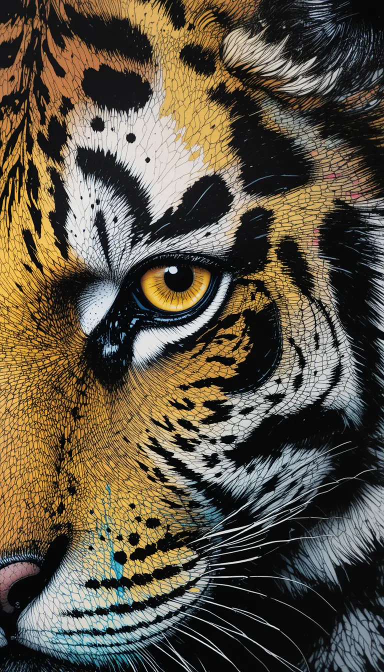 Arte surreale a inchiostro nero con illusione e focus sull’occhio di tigre