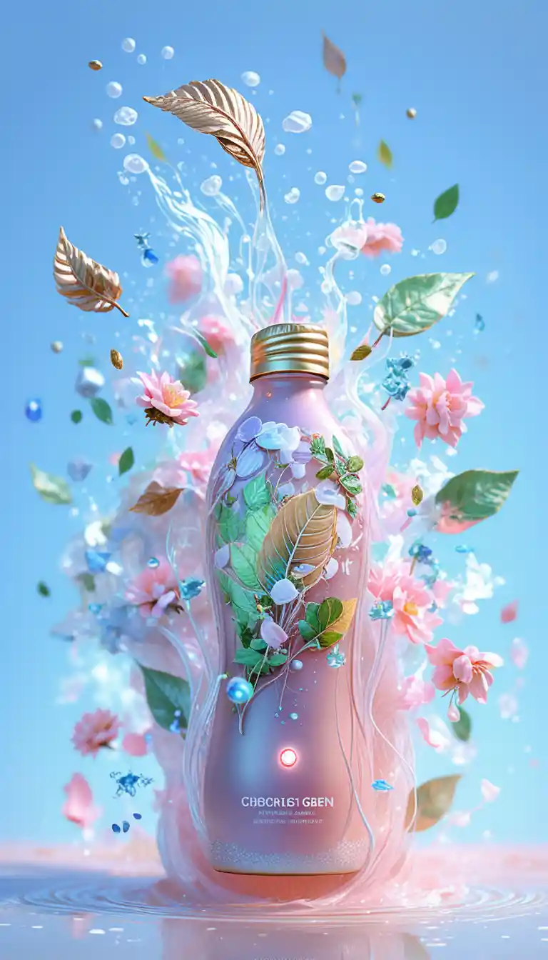 Green tea bottle flying with splashing liquid and leaves