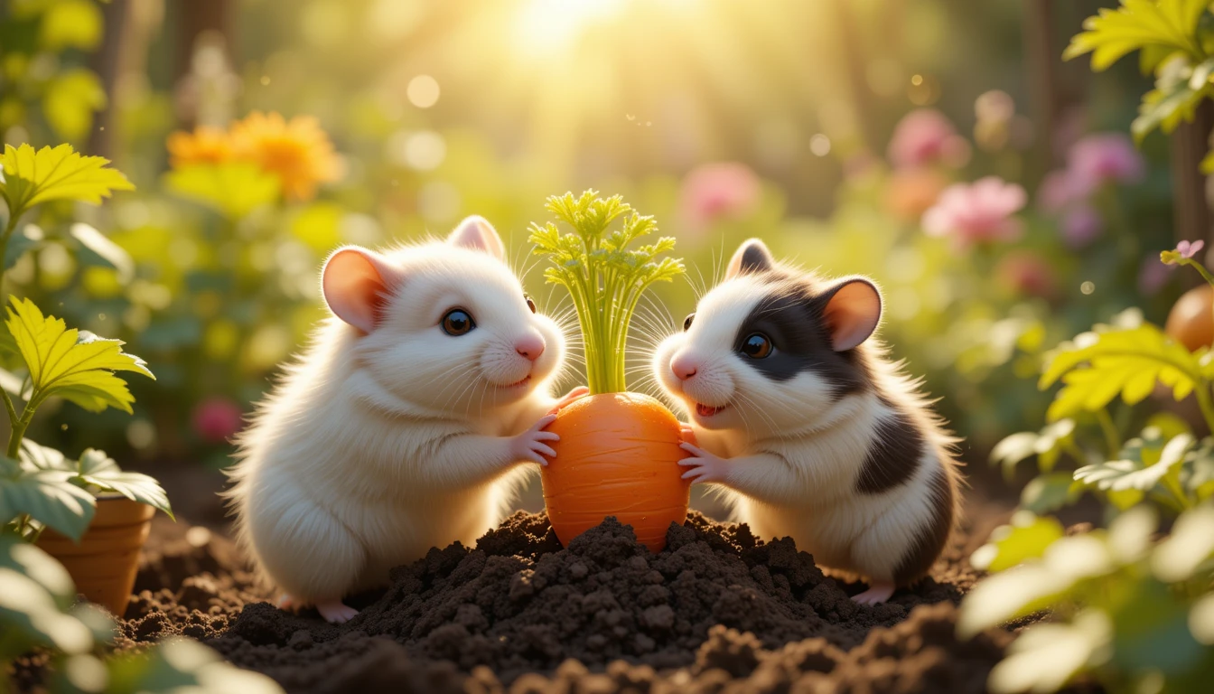 Deux hamsters tirant une carotte géante dans un jardin ensoleillé