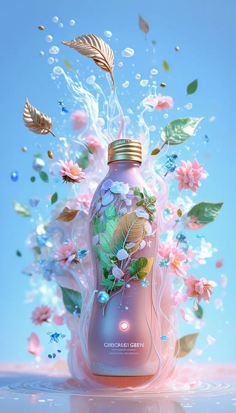 Fliegende Grüntee-Flasche mit spritzender Flüssigkeit und Blättern