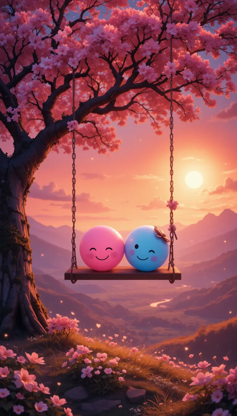 Bolas com rostos sorridentes em um balanço no topo da colina ao pôr do sol