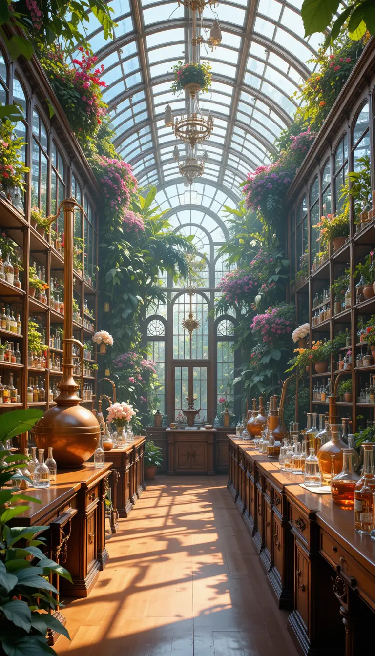 Laboratoire de parfums luxueux rempli de plantes en verre et de fioles
