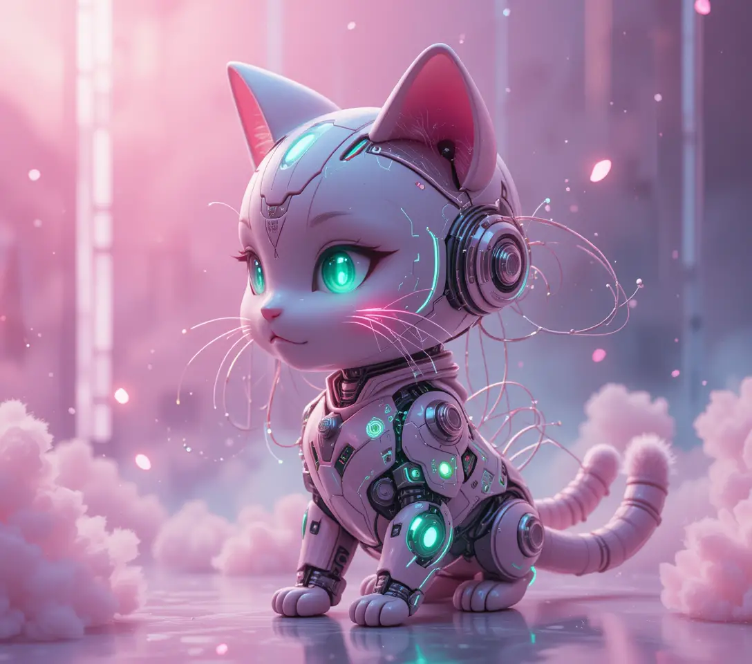 Niedliche Cyberpunk-Chibi-Katze mit leuchtenden kybernetischen Details