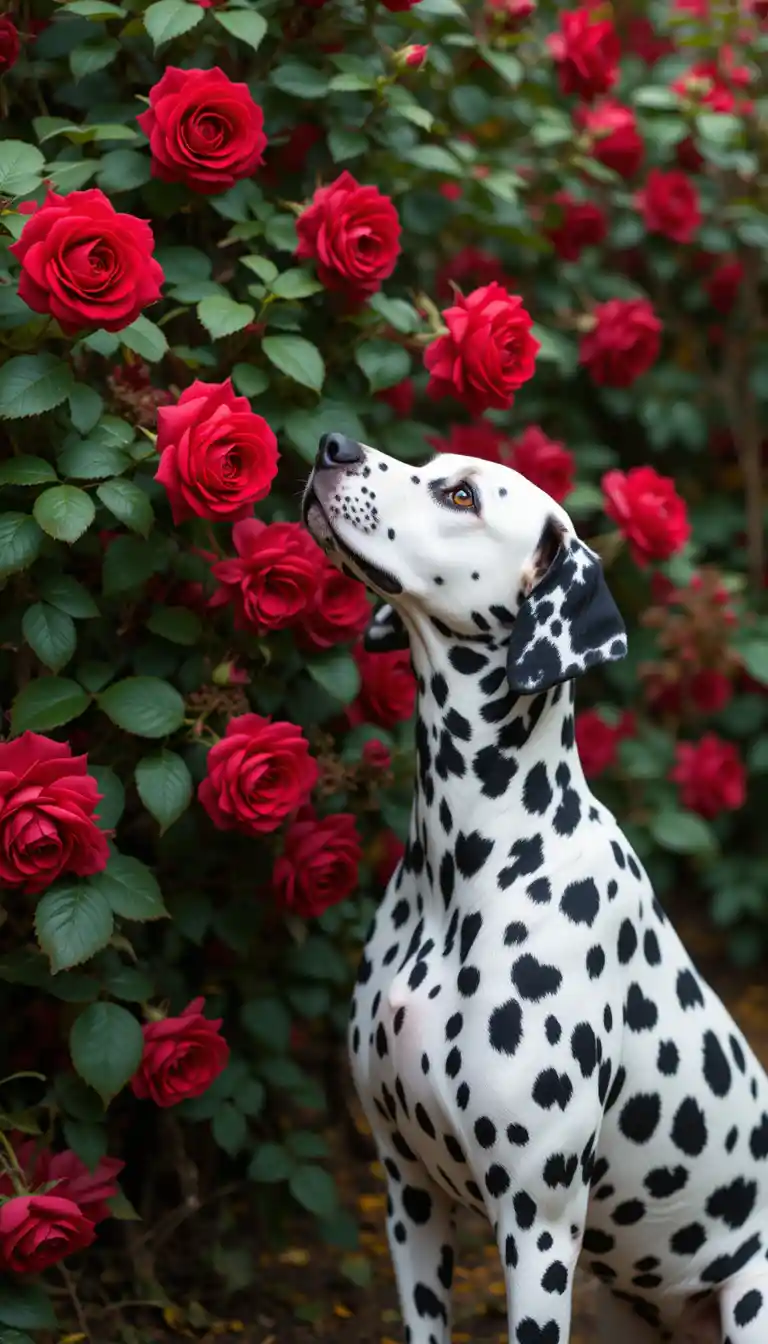 Dalmatien sentant des roses rouges dans un jardin paisible