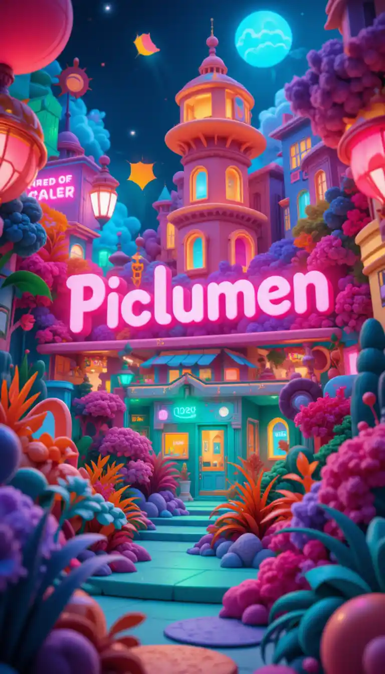 Vibrant 3D cityscape with glowing Piclumen sign
