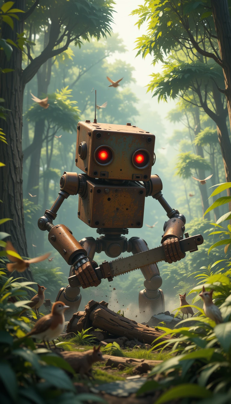 Robot de jungle rouillé coupant des arbres dans le chaos du matin