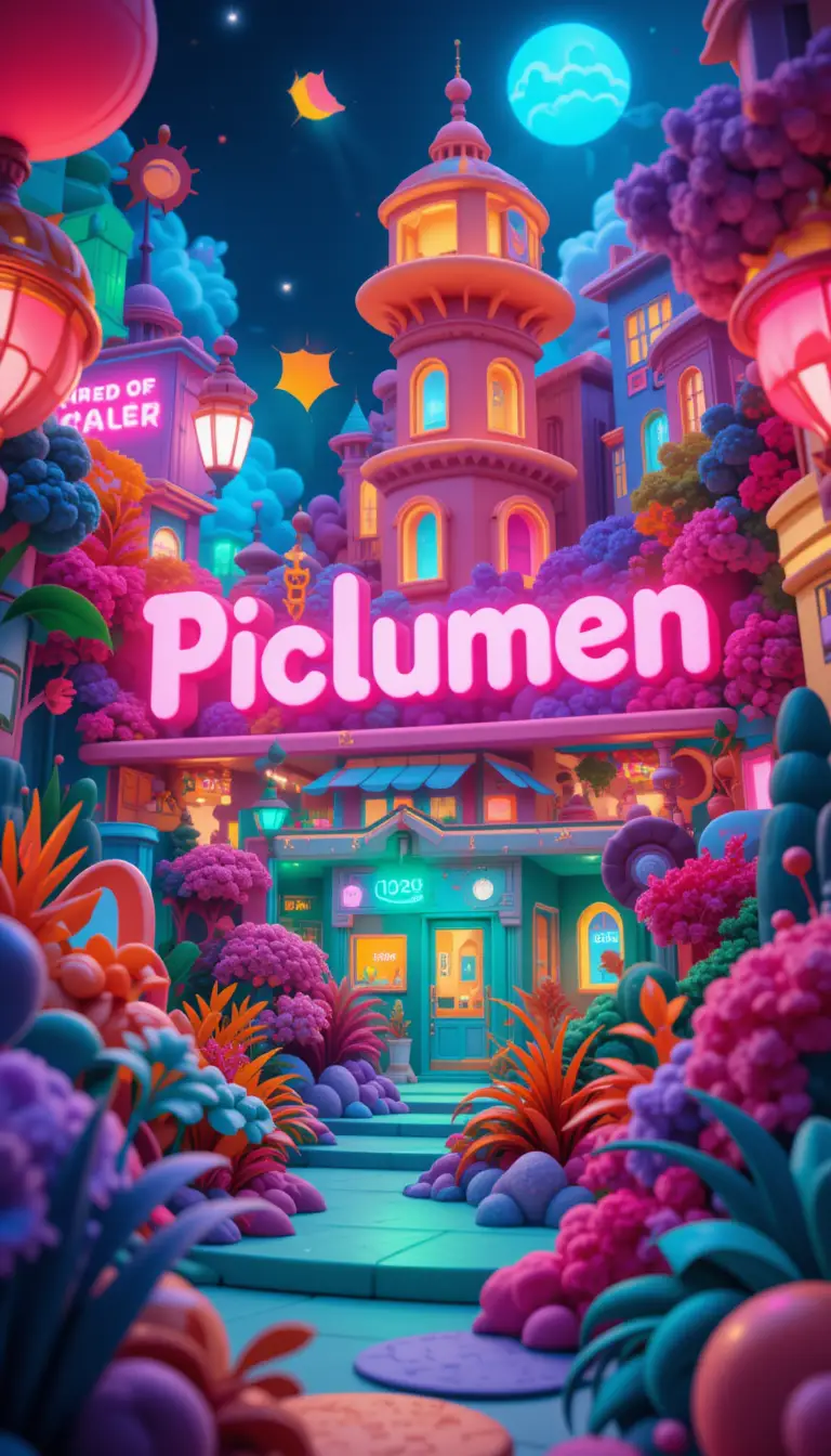 充滿活力的 3D 城市景觀與發光的 PicLumen 招牌