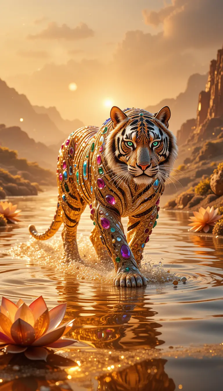 Tigre di Gemme che Cammina su un Fiume Dorato