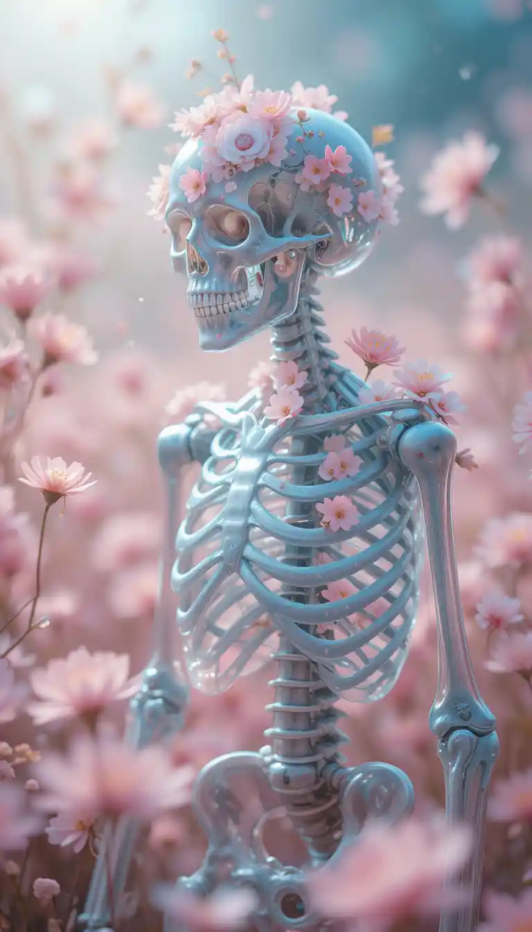 Translucent skeleton with pink flowers in a dreamy field