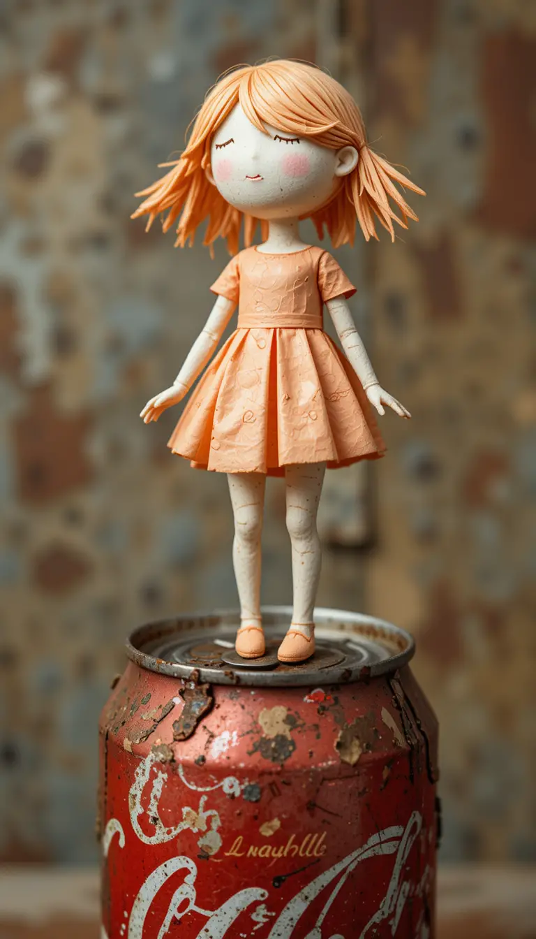 Figurina infantile di carta in equilibrio su una lattina di soda vintage