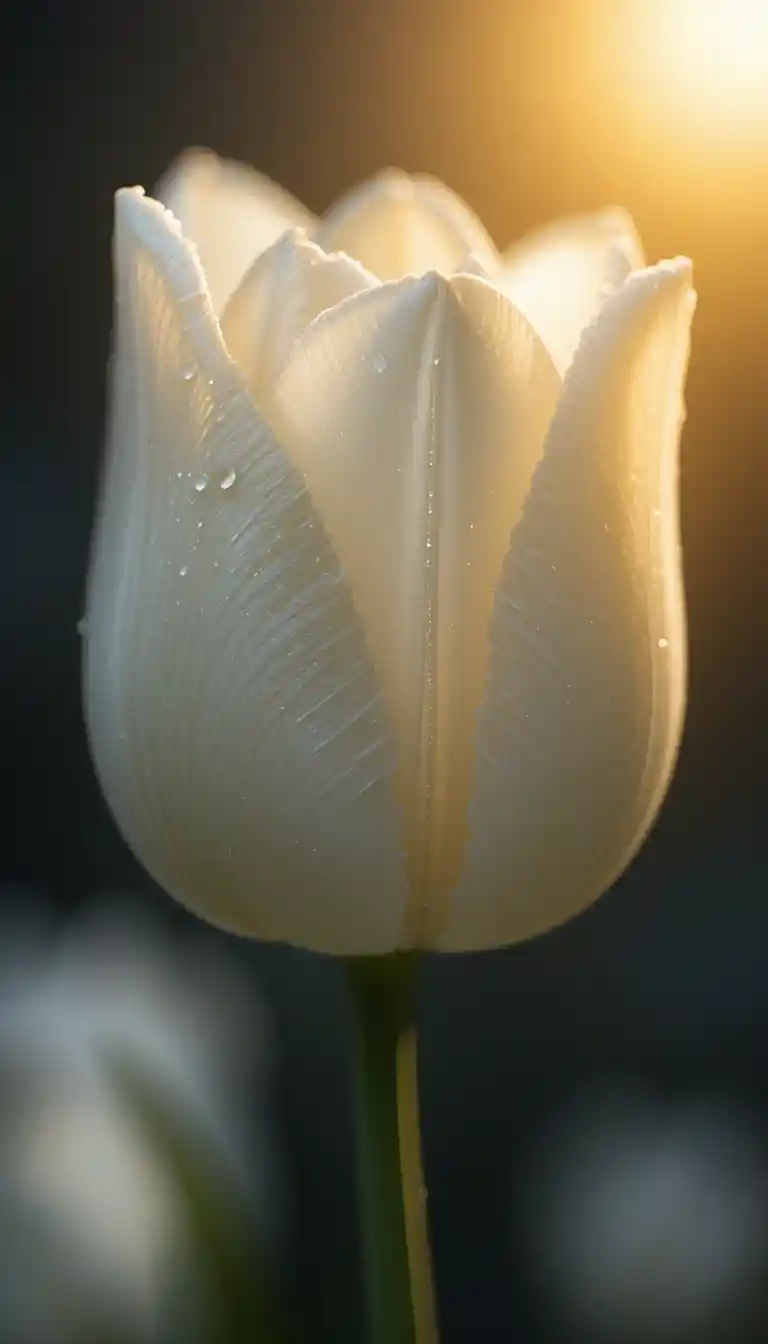 White tulip macro with golden light and dewdrop prism