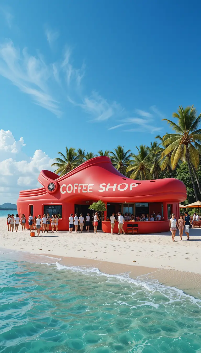 Kreatives Strandcafé in Form einer roten Sandale
