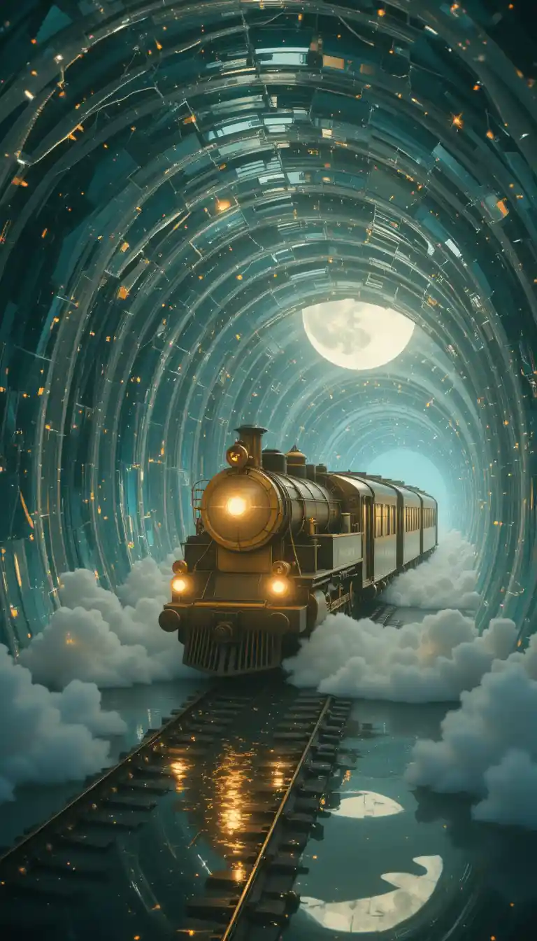 Vintage luxury train entering moonlit crystal tunnel