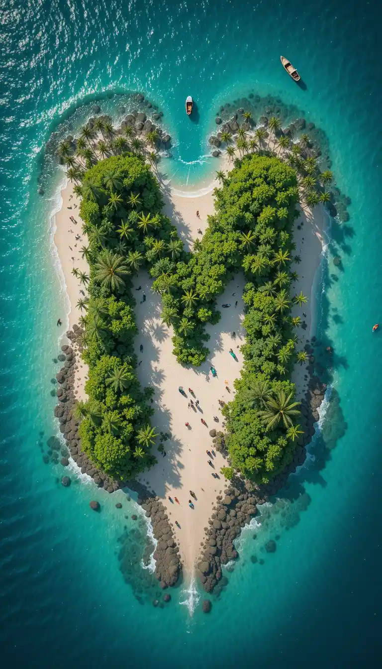 Tropical M shaped island with beaches and turquoise sea