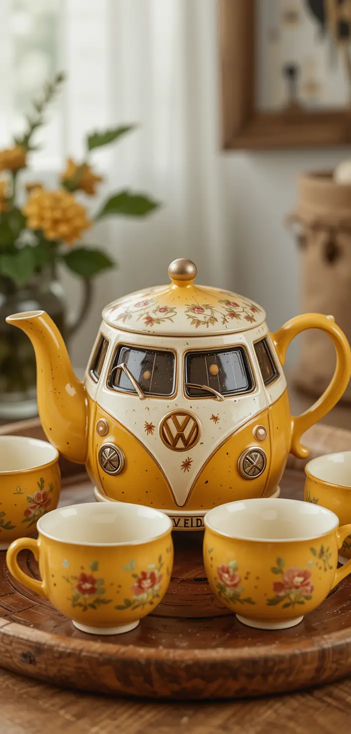 Théière Camping-Car en Céramique avec Tasses Assorties sur Plateau