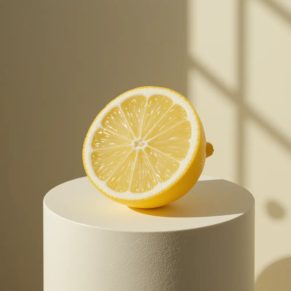 Demi-citron en verre sur piédestal minimaliste dans une lumière douce