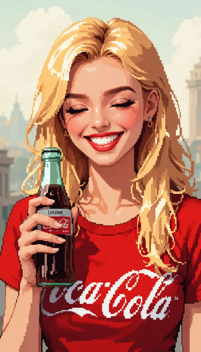 Donna bionda sorridente con coca in stile pixel art retrò