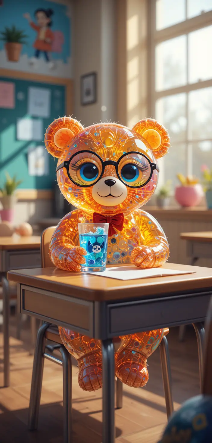 カラフルな学習机に座るメガネをかけたテディベア