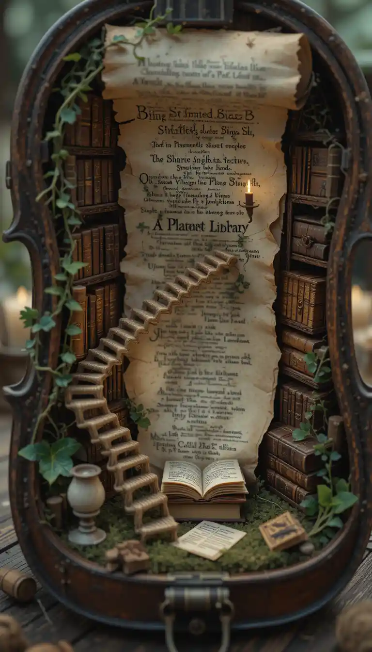 Miniature enchanted library inside an antique violin case