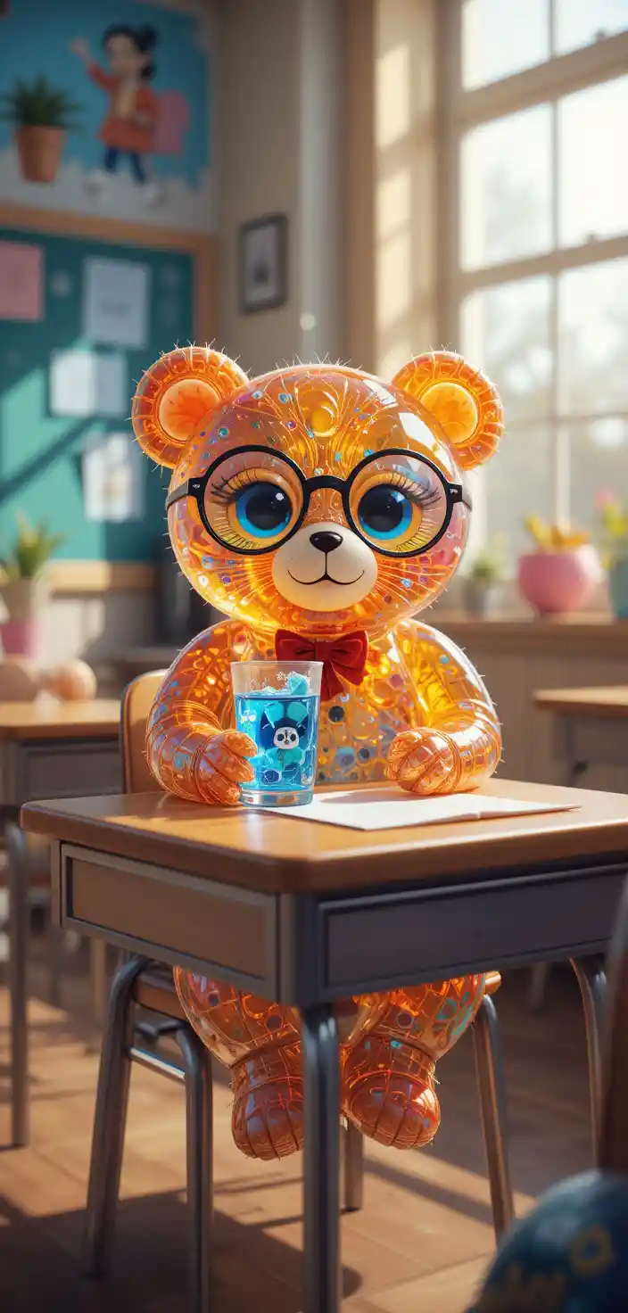 Teddy bear with glasses sitting at a colorful school desk