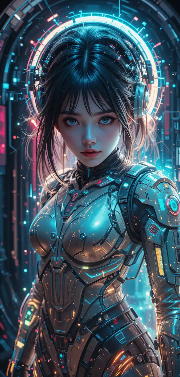 Ragazza ribelle cyberpunk futuristica in un bunker sotterraneo