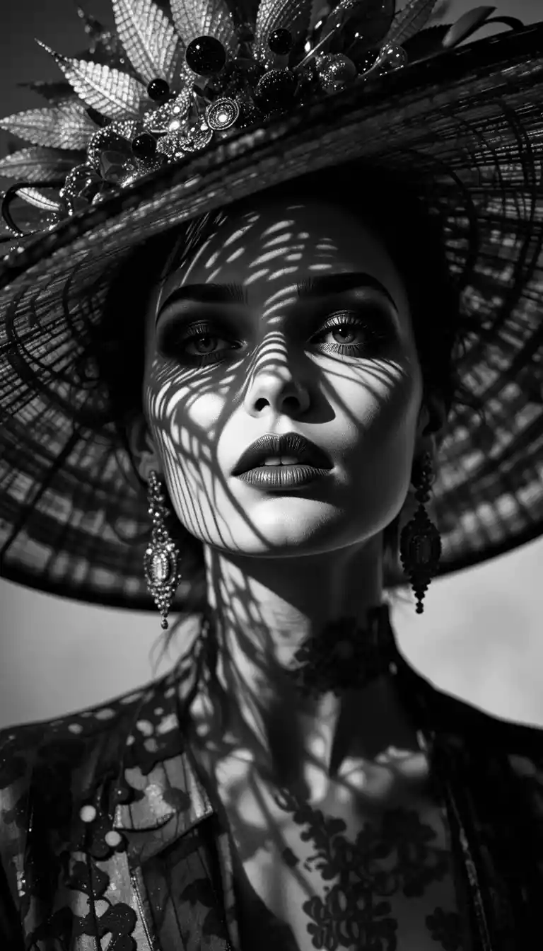 Woman in dramatic hat in black and white portrait