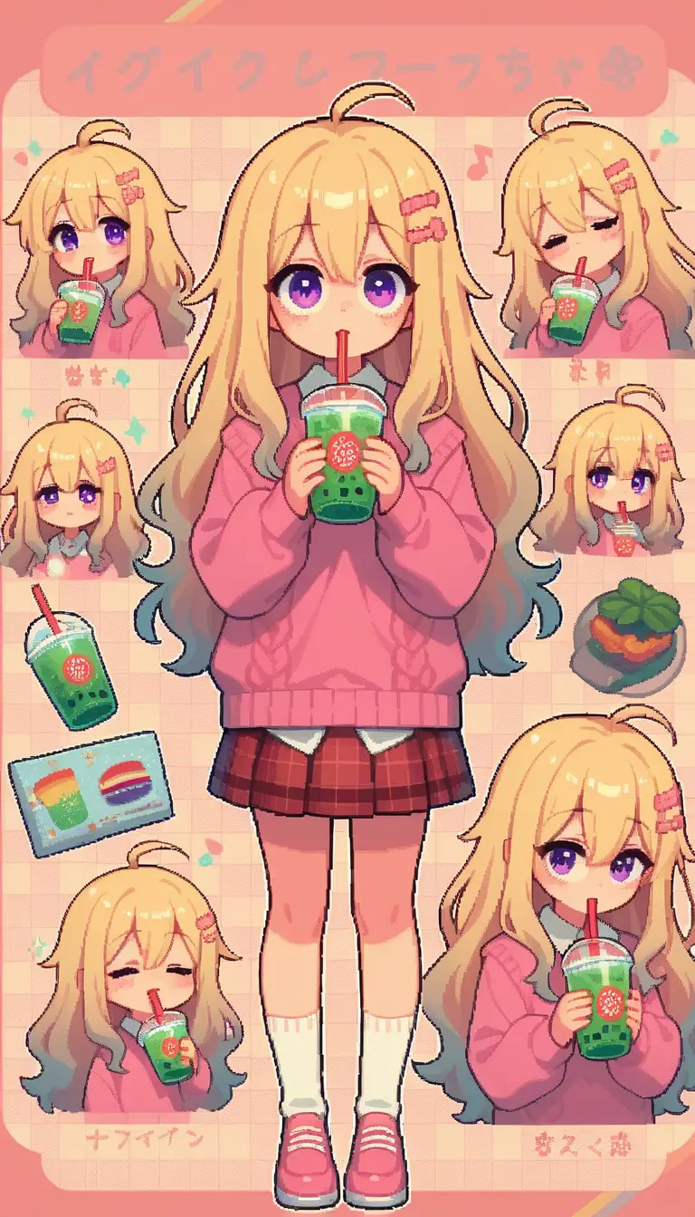Süßes Anime-Mädchen mit Bubble Tea vor pastellfarbenem Hintergrund