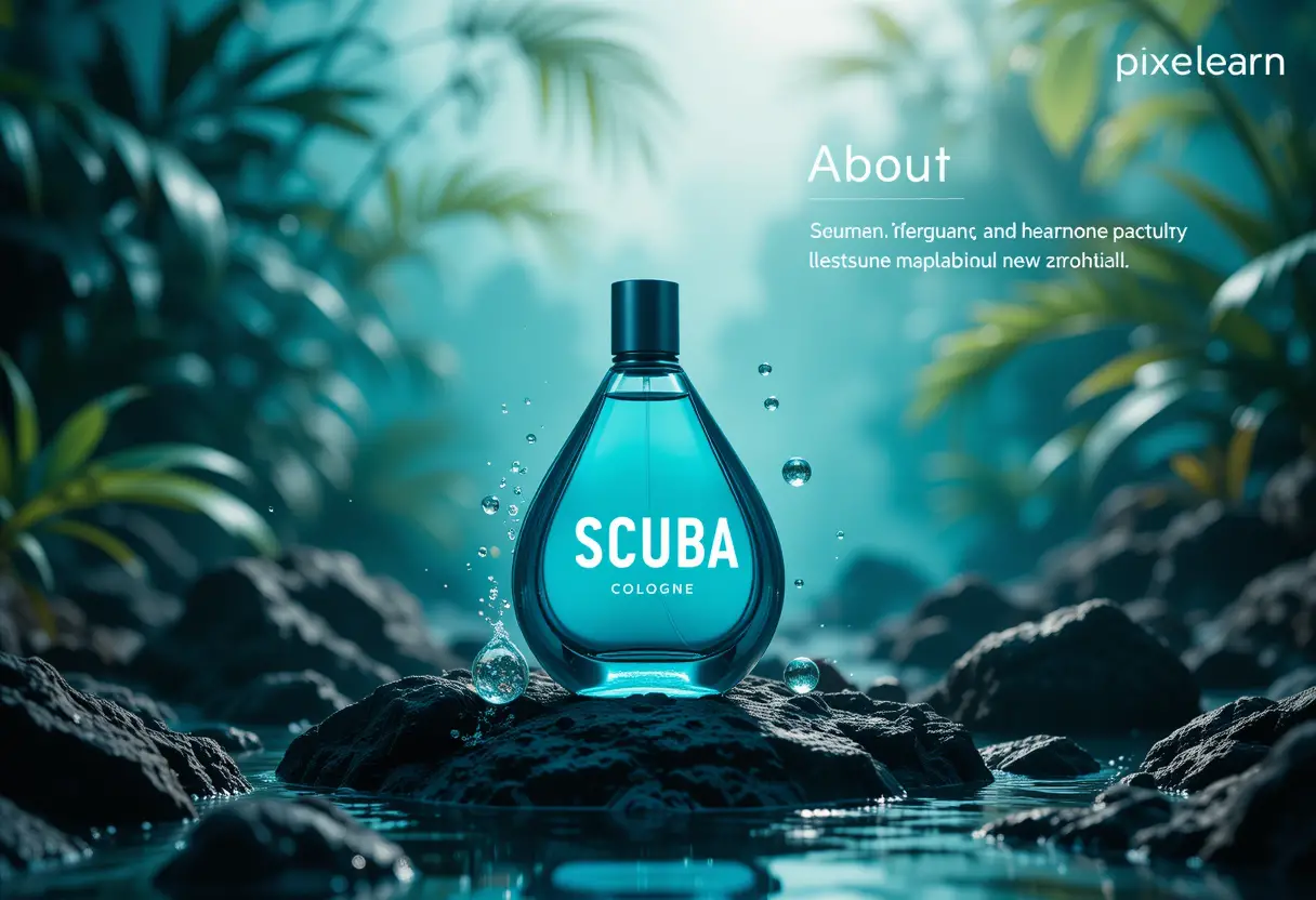Flacon de parfum Scuba dans une scène sous-marine rocheuse bleu sarcelle