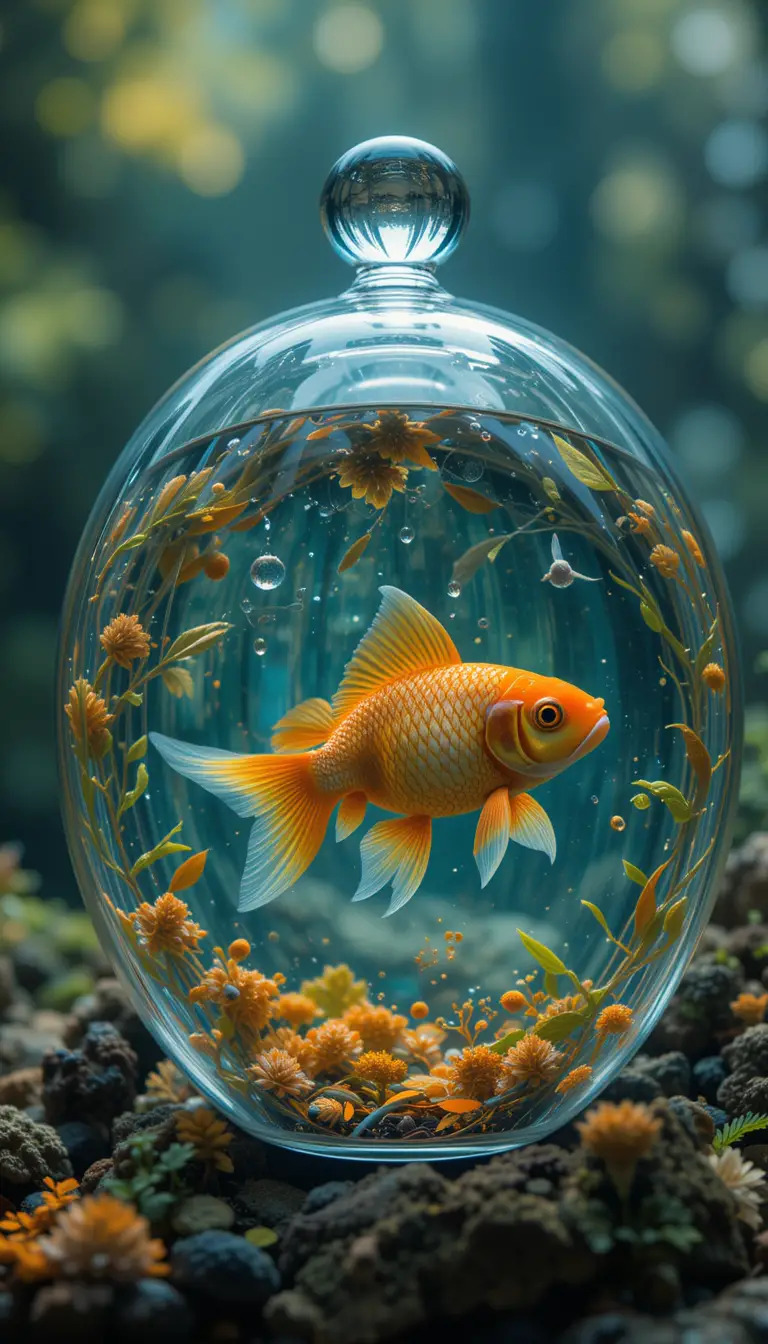 Fotorealistische Schildkröte mit Glasschale und Goldfischen im Inneren