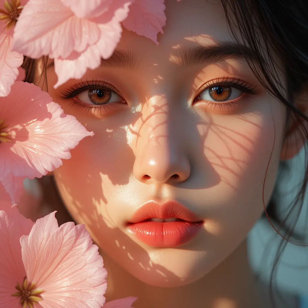 Koreanischer Idol-Nahaufnahme mit Blütenblättern und goldbraunen Augen