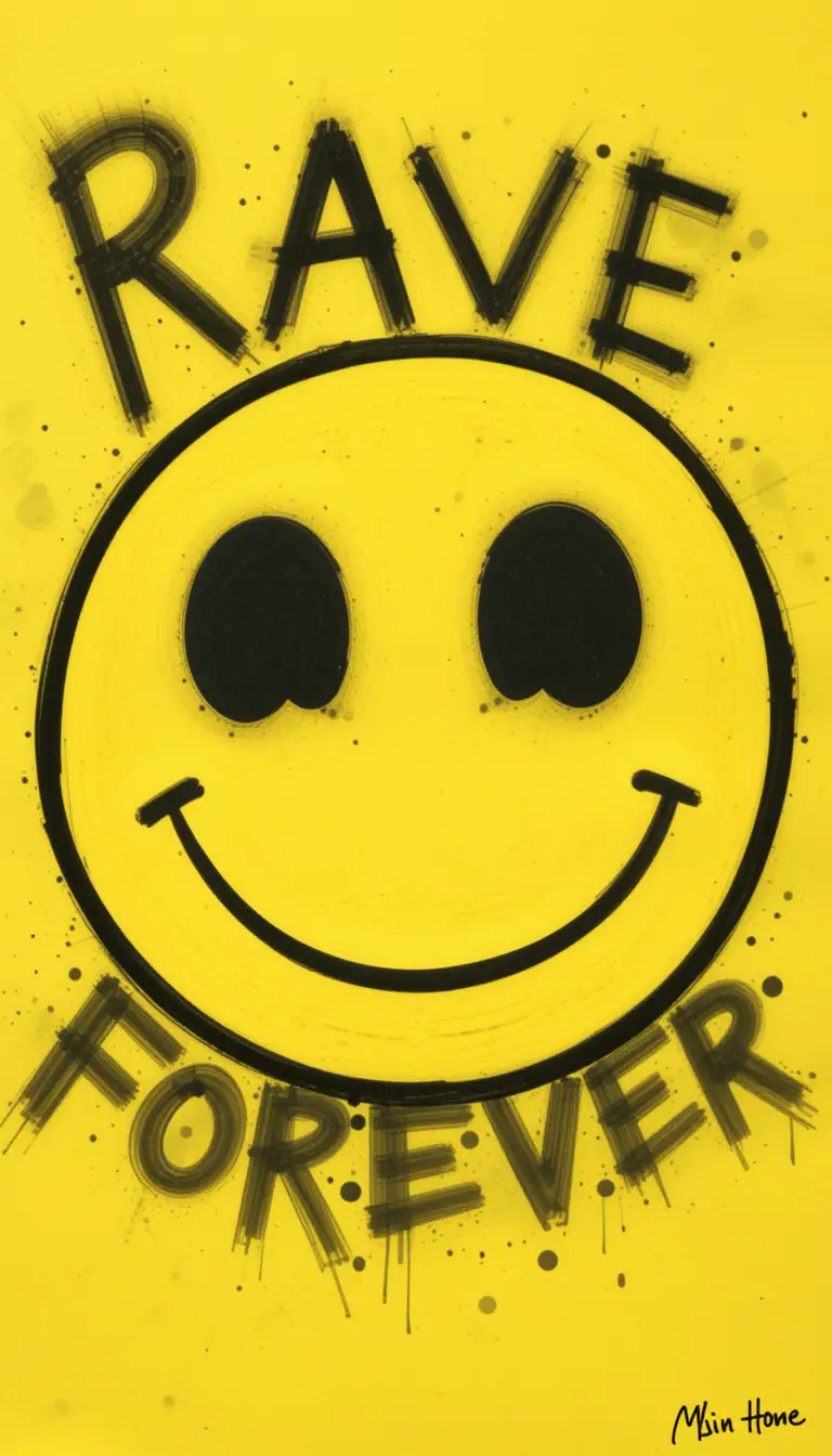 Affiche smiley acid house avec texte rave forever