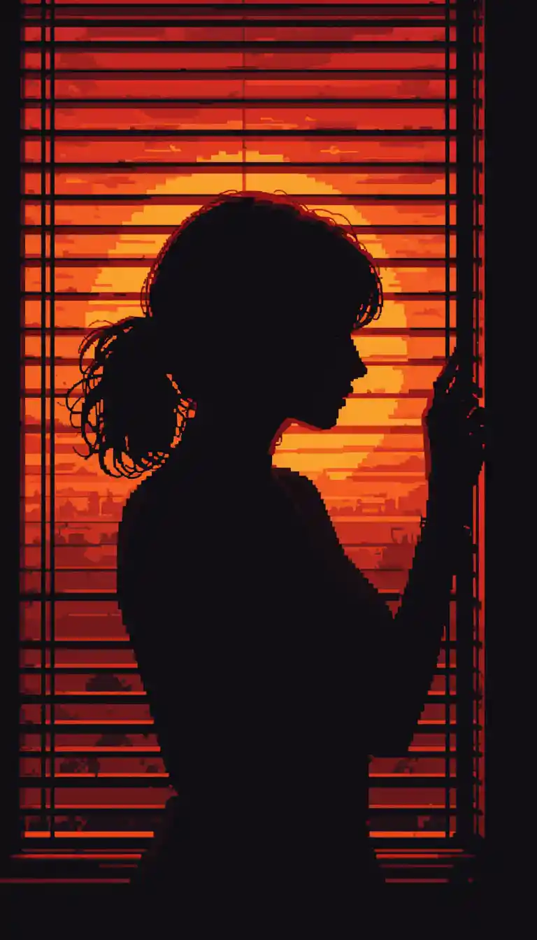 Pixel art woman silhouette at blinds against red sunset