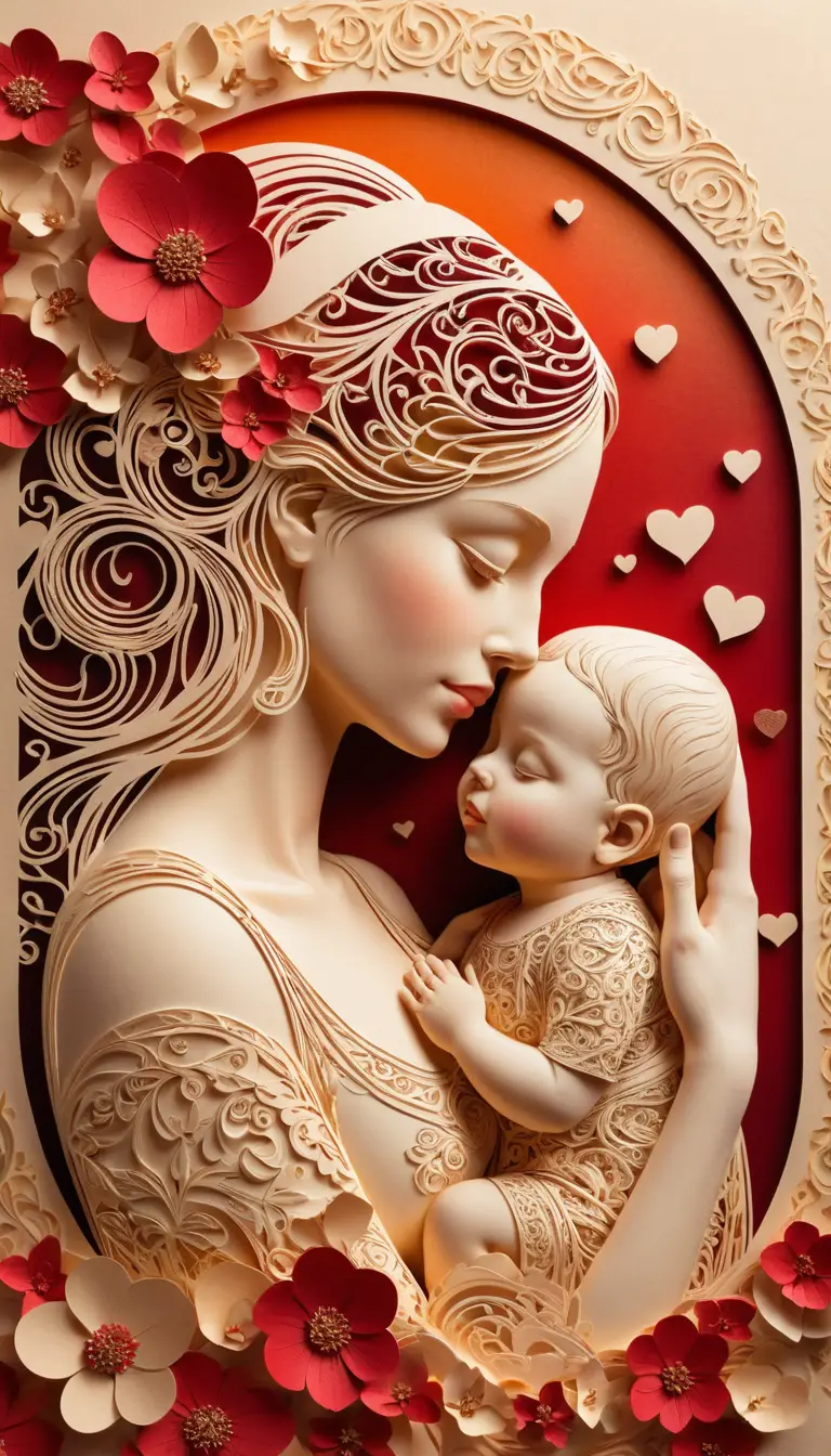 Mother tenderly cuddling her baby in paper cut art