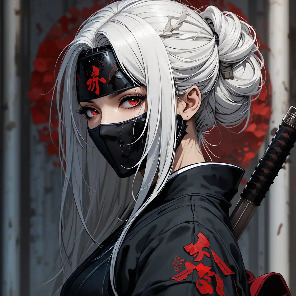 戴著般若面具與紅色眼眸的暗黑系動漫女武士