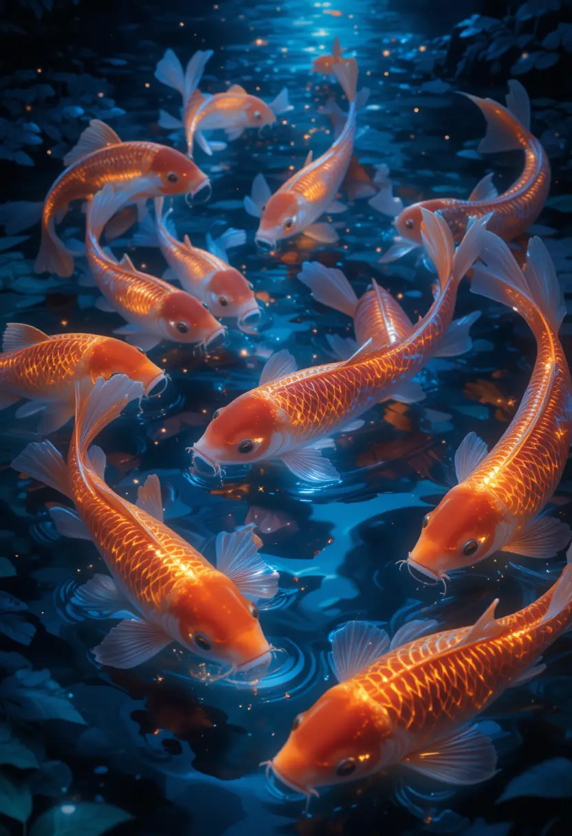 Carpe koi incantate che brillano in uno stagno notturno mistico