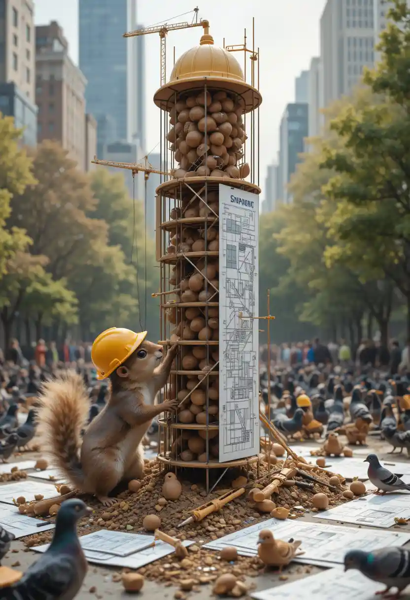 Squirrel Foreman Overseeing Acorn Skyscraper In City Park