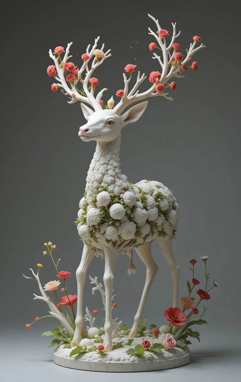 Fantastische Gemüsereh-Skulptur mit Blumen im Studio