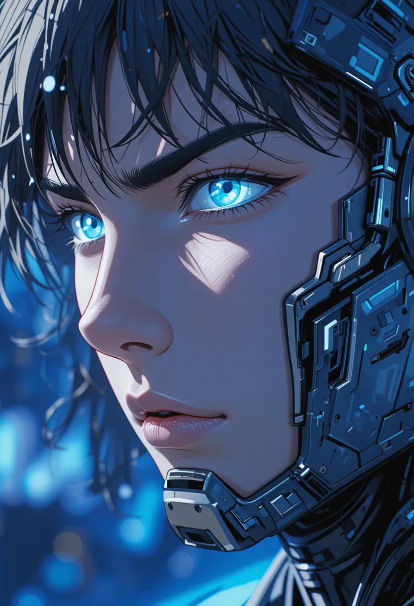 Nahaufnahme eines Anime-Cyborg-Porträts mit kinoreifem blauen Licht