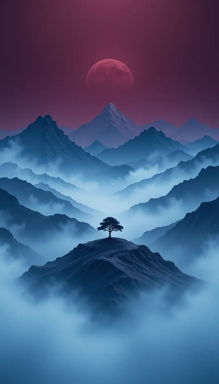 Extremes Makro einer minimalistischen Berglandschaft mit Baum