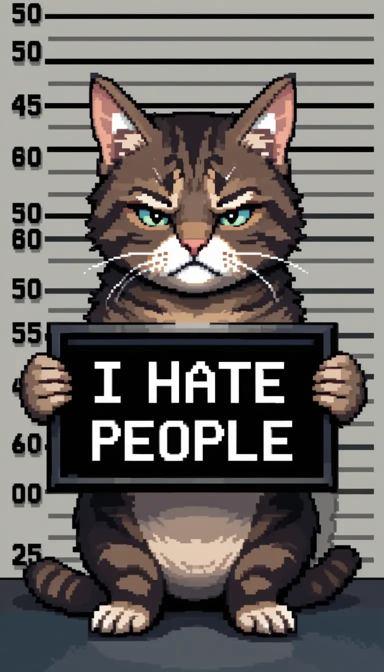 不機嫌なトラ猫のドット絵・警察のマグショット風シーン