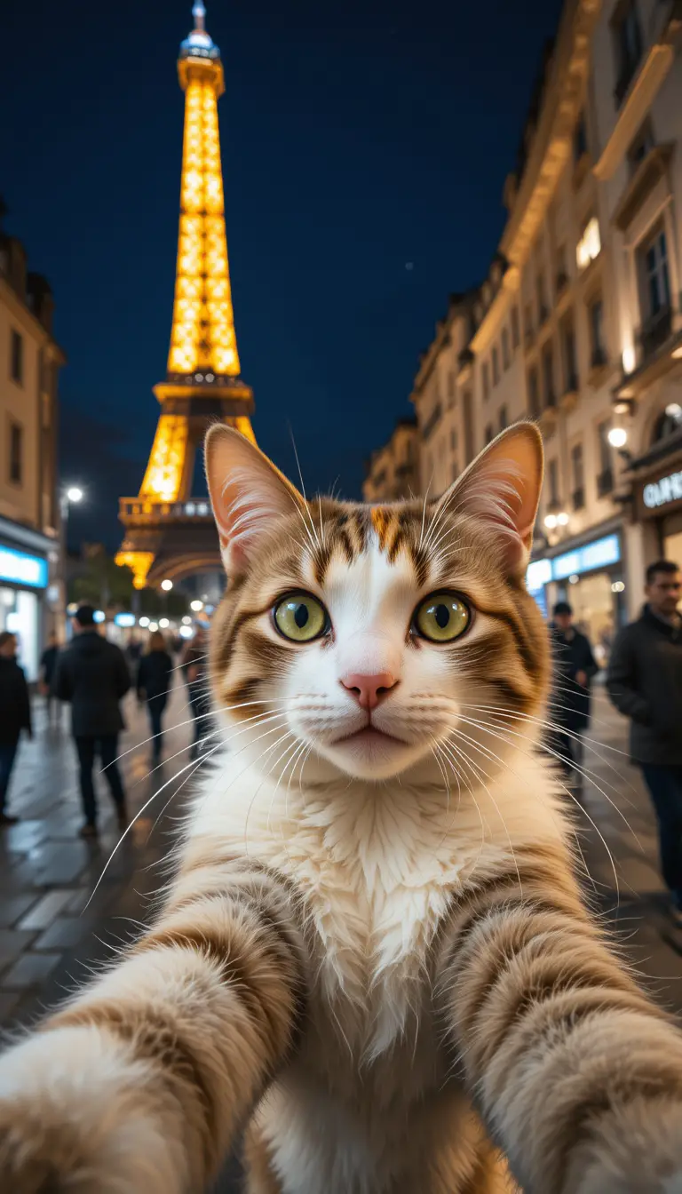 Selfie de gato de olhos verdes com a Torre Eiffel à noite