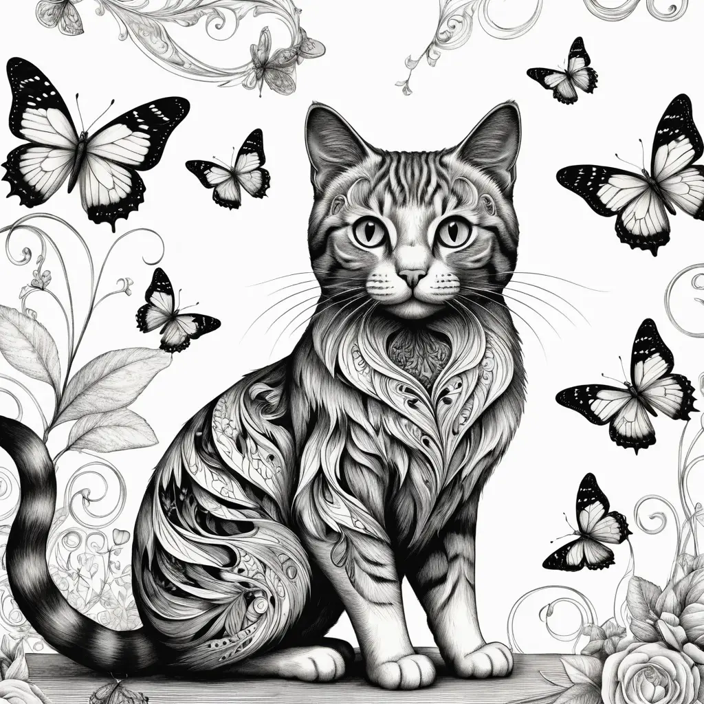 Gatto maestoso e farfalla in illustrazione a linee audaci
